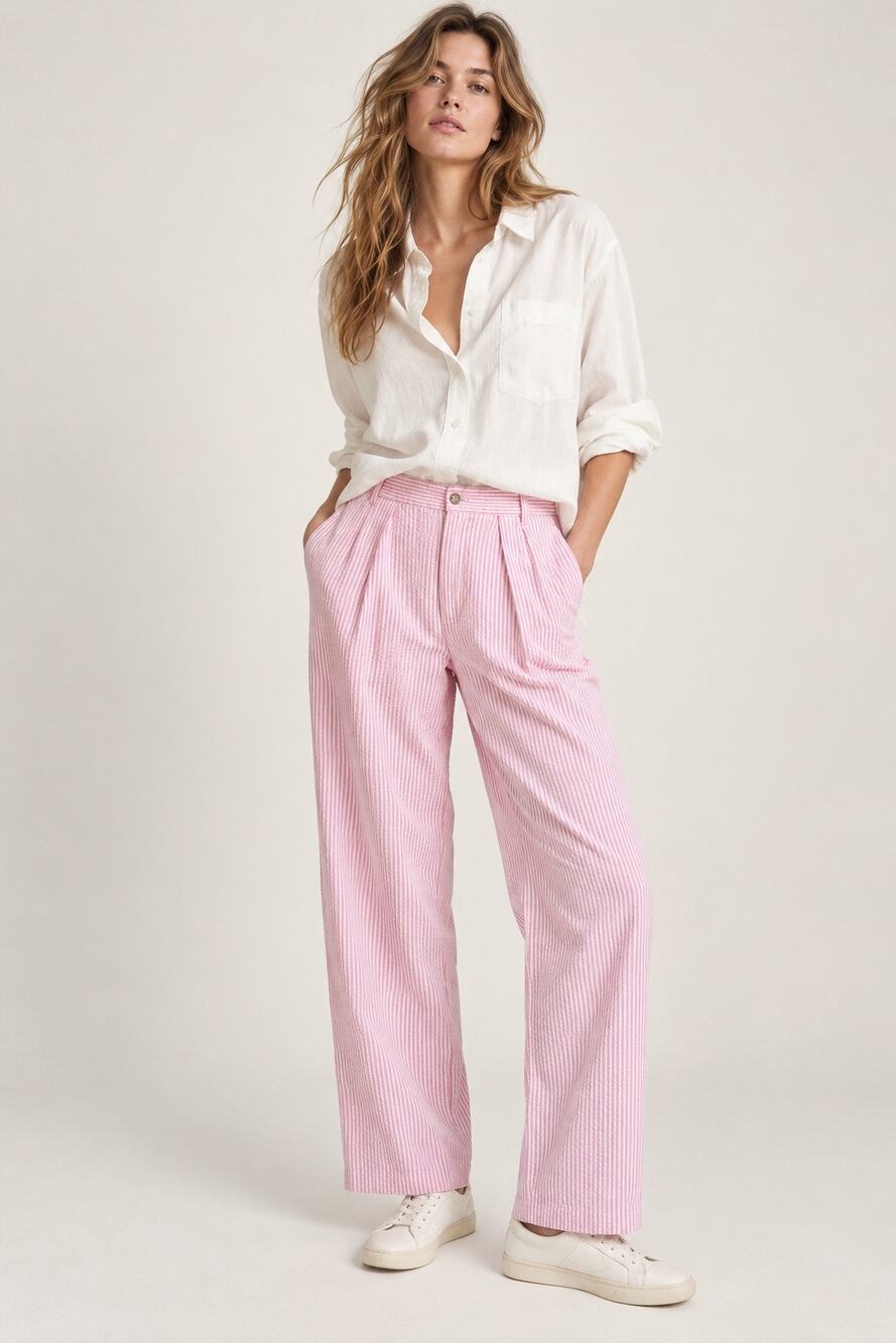 Denimist Double Pleat Wide Leg Pants Pink Seersucker Stripe NWT